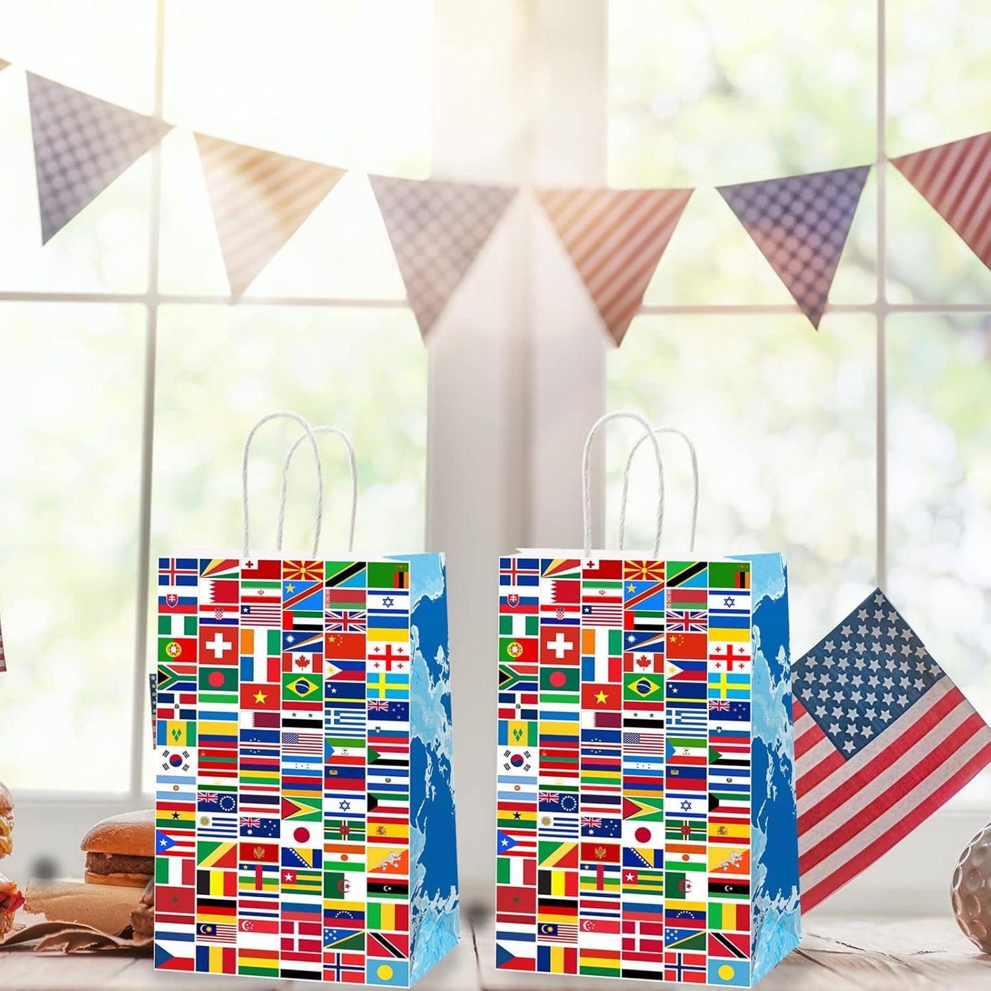 12 Pcs World Country Flags Party Supplies Bags International World Birthday Party Goody Bags Travel Trip Around the Globe Birthday Retirement Paper Bags Party Decorations Party Gifts