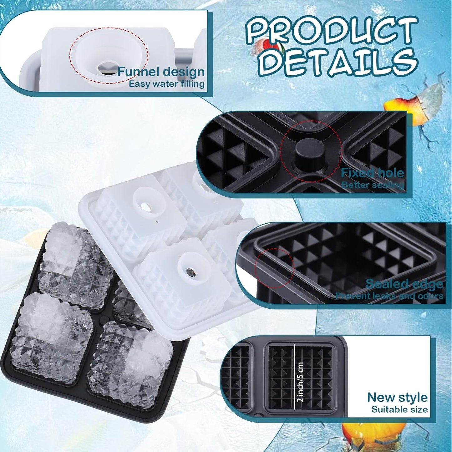 Hoolerry 2 Pcs Silicone Ice Cube Tray Large Square Sphere Golf Ice Tray 4 Hole Fun Shapes Big Ices Cube Mold with Funnel for Whiskey Cocktails Bourbon Chilling White Elephant Gifting(Square)