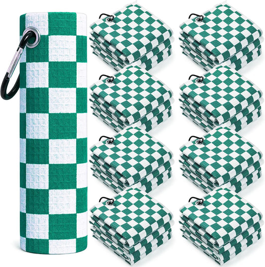 12 Pcs Golf Towels Bulk for Bags Microfiber Waffle Pattern Golf Towel with Clip 16'' x 16'', Ultra Absorbent Quick-Dry, Mini Tournament Yoga Fitness Men's Gifts(Emerald Green)