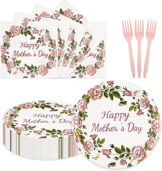 75PCS Happy Mother's Day Paper Plates and Napkins - Mothers Day Party Supplies Tableware Set for Best Mom Ever Flowers Theme Disposable Dinnerware for Mothers Birthday Party Favors