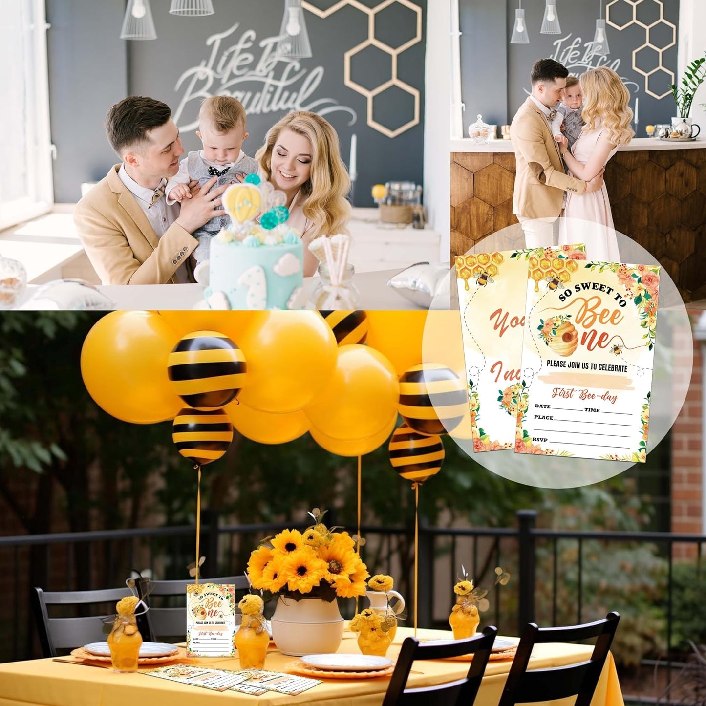 Honeycomb 1st Birthday Invitations, 20 Invitation Cards with Envelopes, Sweet Bee Invites for Party Decorations Favor Supplies - A04