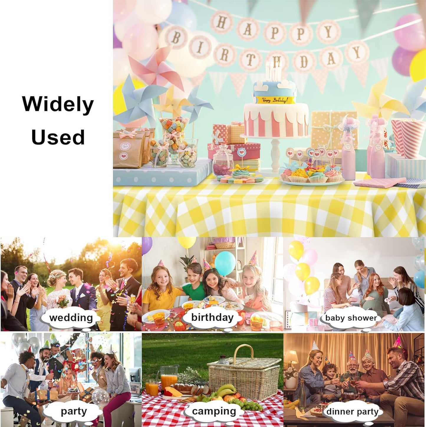 12 Pack Yellow and White Checkered Tablecloth, Round Yellow Gingham Plastic Table Cloths for Parties Disposable, 84x84 in Waterproof Camping Tablecloth for Birthday Party Baby Shower Picnic School