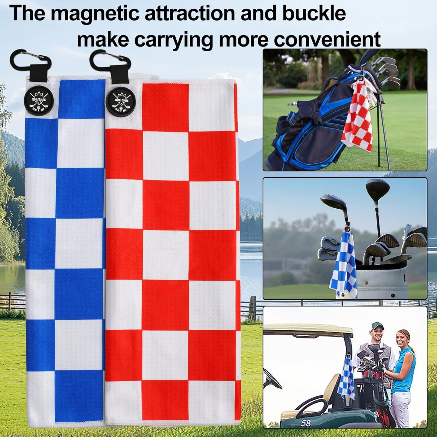 2 Pack 24"x16" Magnetic Golf Towels - Premium Waffle Pattern, with Magnet & Carabiner Clip for Golf Bags, Carts & Clubs. Essential for Men & Women Golfers - Blue/Black