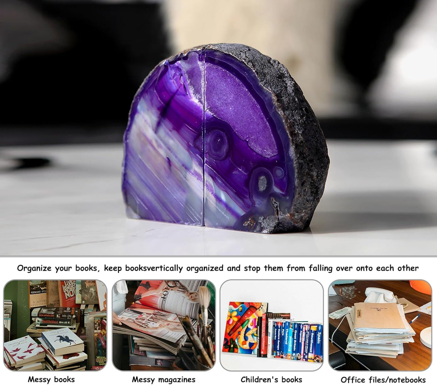 AMOYSTONE Purple Agate Bookends, Natural Crystal Gemstone Book Holders 3-4 LBS for Shelves, Stylish and Functional Bookends Gift for Women