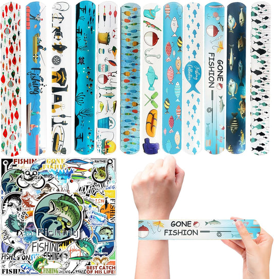 74 Pcs Fishing Theme Party Favors 24 Pcs Fishing Theme Slap Bracelets 50 Pcs Fishing Theme Stickers Fishing Theme Birthday Party Decorations，Classroom Rewards Supplies