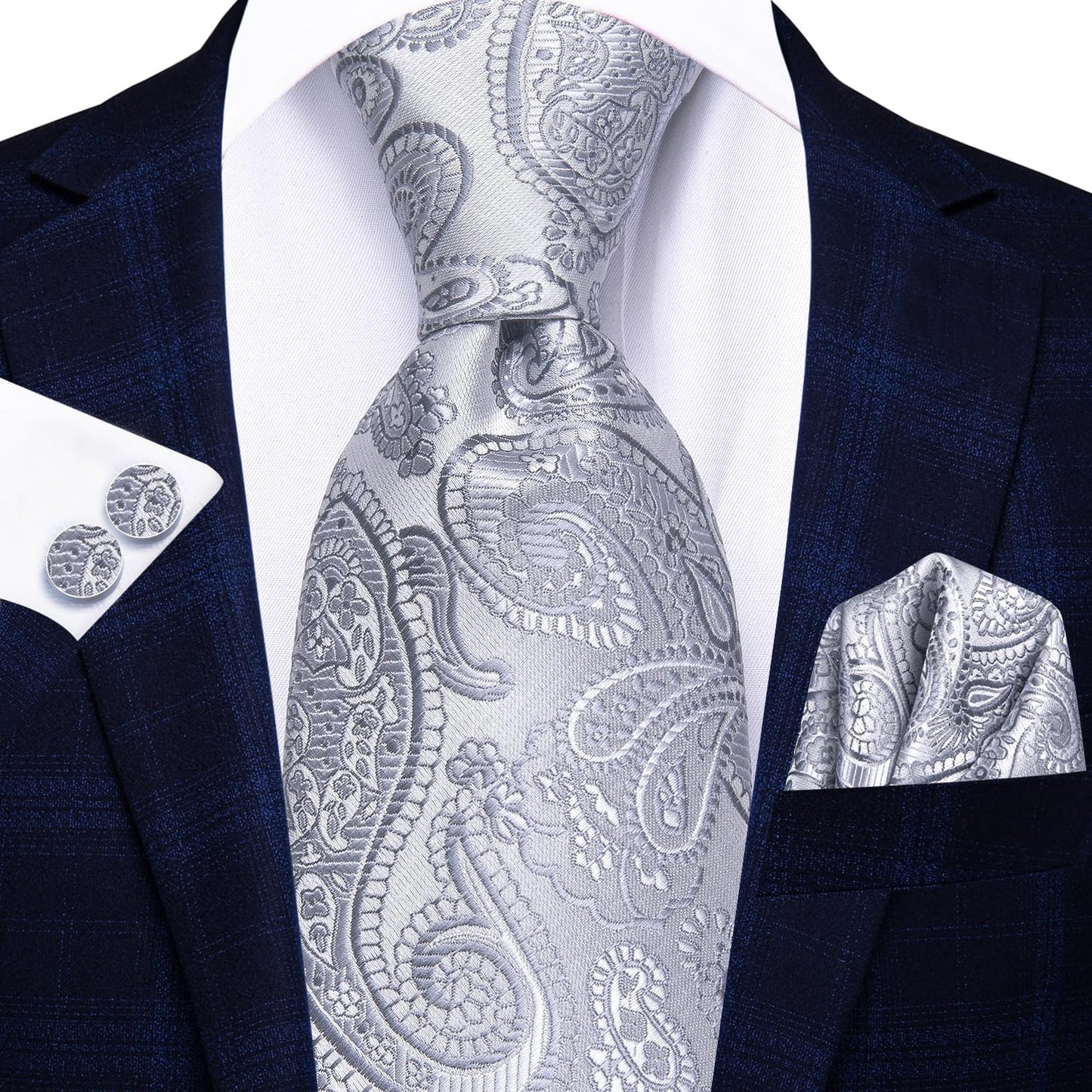 Hi-Tie Men 63inches Tie Set Extra Long Necktie Paisley Tie Pocket Suqare Cufflinks Big and Tall Men Tie