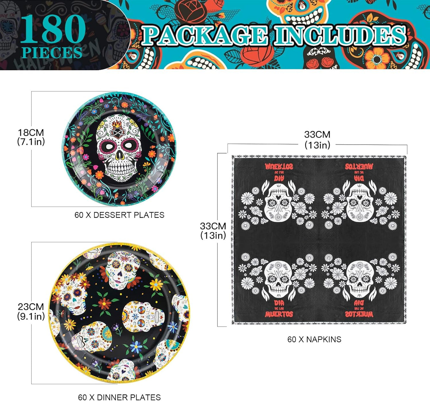 180Pcs Day of the Dead Party Supplies Paper Plates and Napkins Serve 60 Disposable Tableware Set for Birthday Party Decorations Game Day Family School Holiday Sports Events