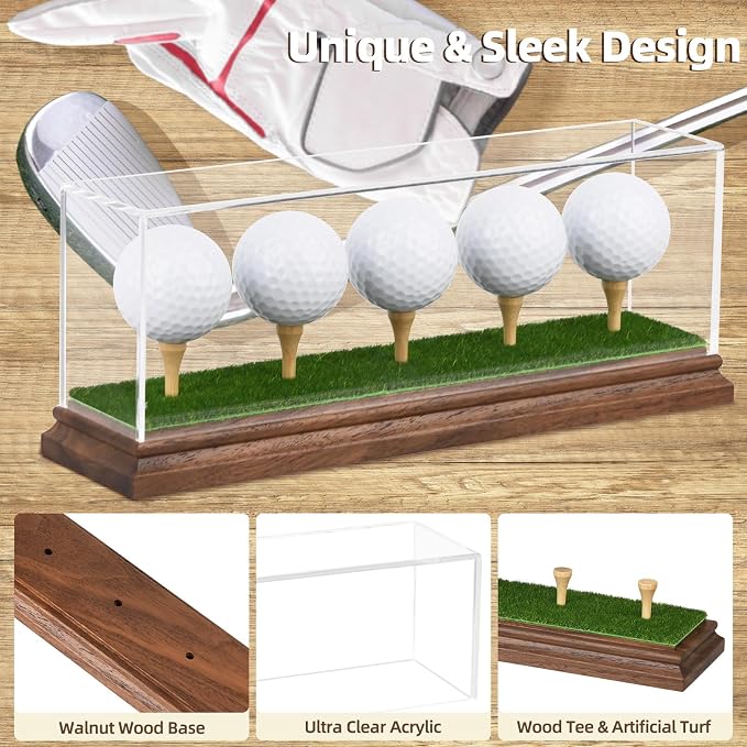Golf Ball Display Case for 5 Golf Balls Holder Display Walnut Wood Base Acrylic - Image 2