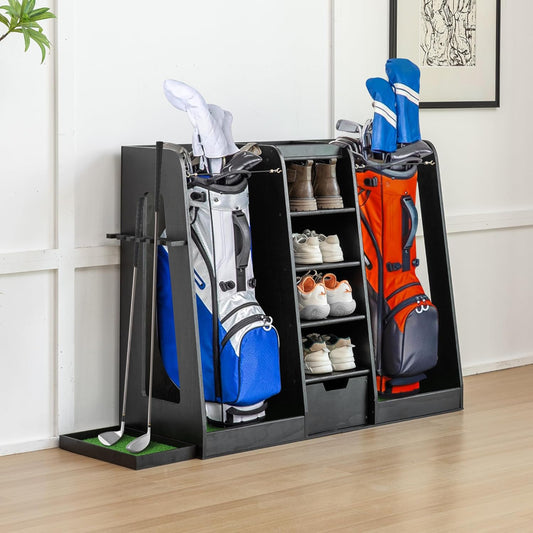 Advanced Wooden Golf Bag Organizer and Storage Rack - can Accommodate 3 Golf Bags and 3-5 Golf Clubs/Hockey Sticks, Golf Balls, Inside and Outside The Garage shed Basement