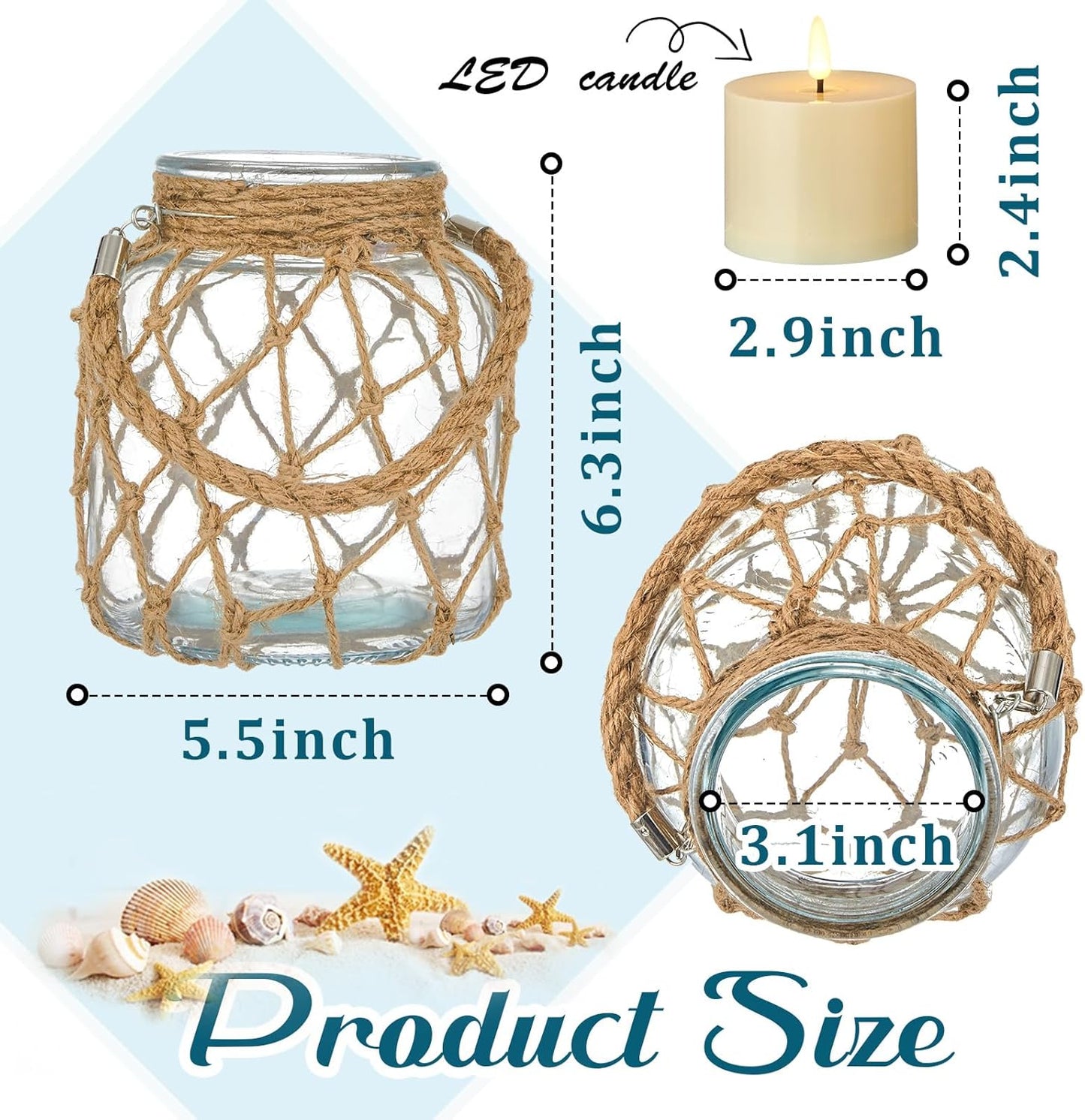 2 Set Nautical Candle Lantern with Rope Handle Coastal Glass Jar Battery Operated LED Flameless Lantern for Room Party Sea Beach House Table Centerpieces Decoration 5.5" x 5.5" x 6.3"