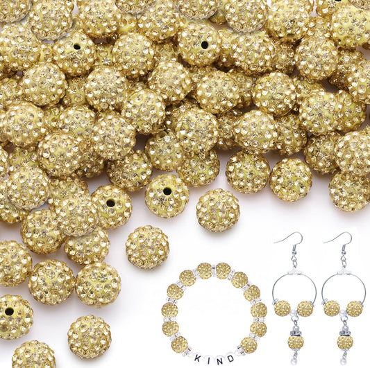 100pcs 10mm Rhinestone Beads for Jewelry Making, Light Yellow Shiny Round Shamballa Disco Beads Bulk, Sparkle Crystal Clay Christmas for Bracelet Baseball Necklace Earring Crafting and DIY