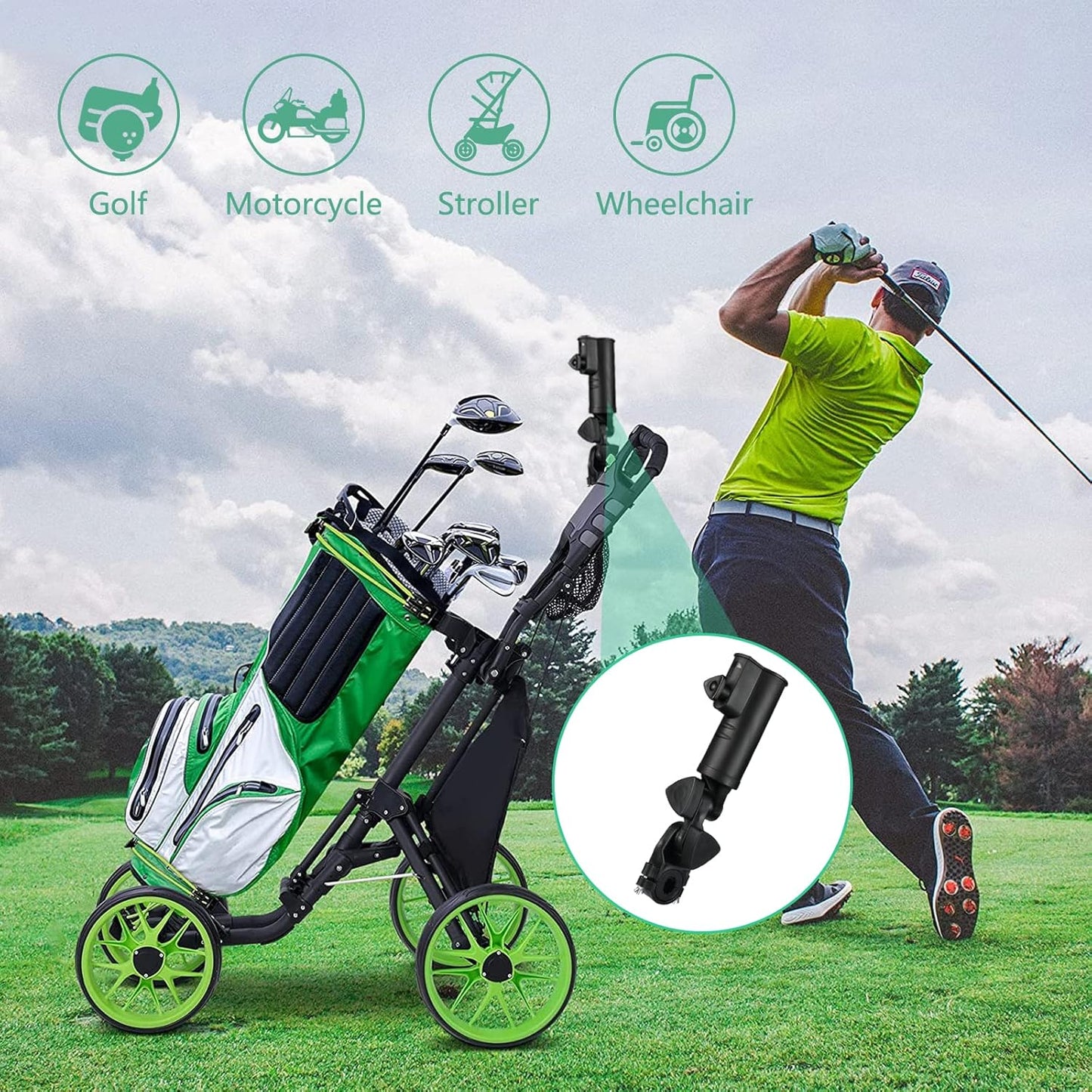 INNOLIFE ﻿Universal Golf Push Cart Umbrella Holder - Adjustable 3-Wheel Clip Mounting Attachment for Stroller, Wheelchair, Bicycle, Outdoor Sports Trolley, and Snow Umbrella Frame