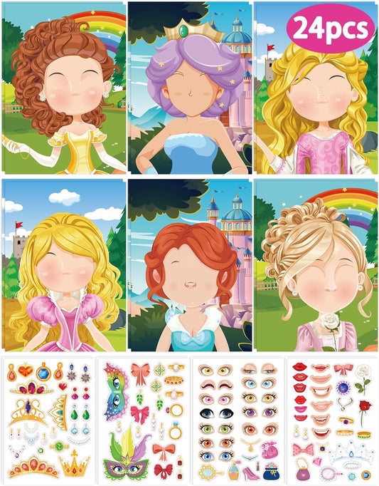 24 Pcs Make Your Own Princess Sticker Sheet, Princess Party Favors Face Stickers for Kids Girls Toddlers Crafts Activities Bags Birthday Party Favors Valentines Day Gifts for Kids Classroom