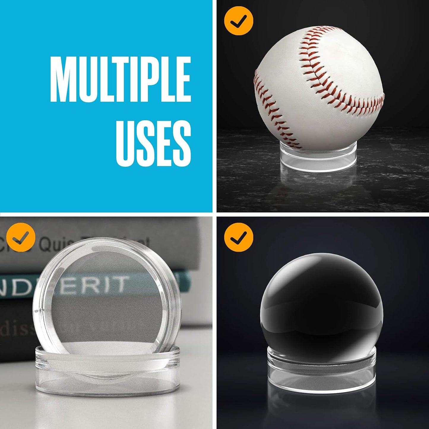 Houseables Baseball Holder, Baseball Stand, Ball Holder, Ball Stand, Acrylic Sphere Display, Egg Display, for Crystal, Rock, Marble, Golf, Softball, Round, Plastic Ring,12 Pack, Clear, 1.75" x 0.6"