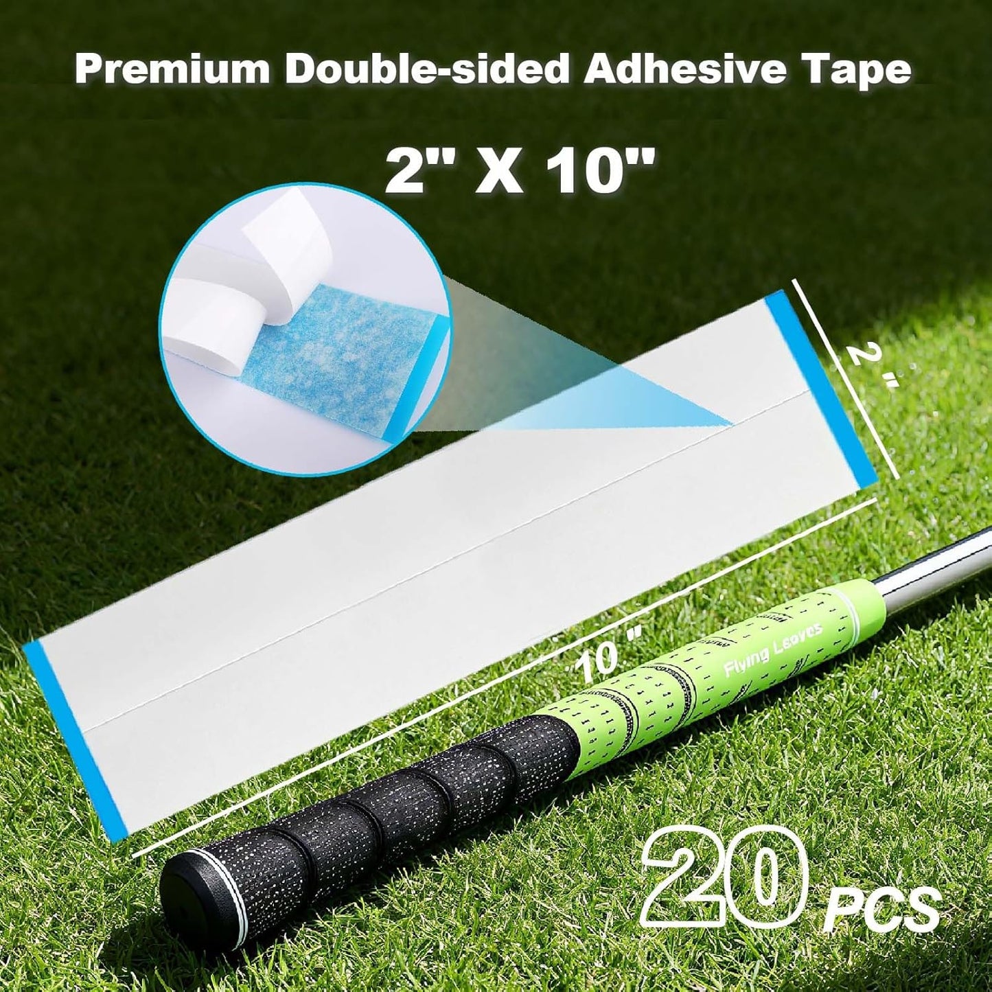 20 Pieces Professional Golf Grip Tape, 2 x 10 inches Double-Sided Adhesive Strips for Golf Club Repair, Water-Resistant, Easy to Use, Strong Bonding for All Grips