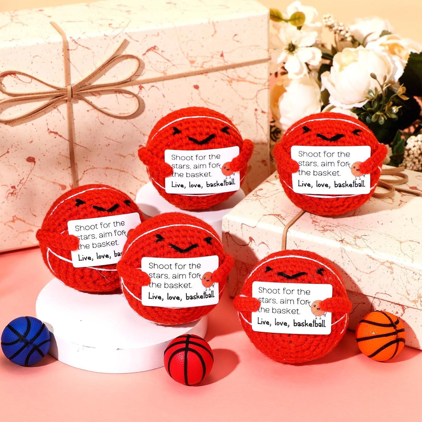 12pcs Christmas Basketball Gifts Bulk Handmade Crochet Basketballs Small with Positive Cards for Team Coach Coworker Friend Birthday Holiday Party Favors Home Decor Supplies