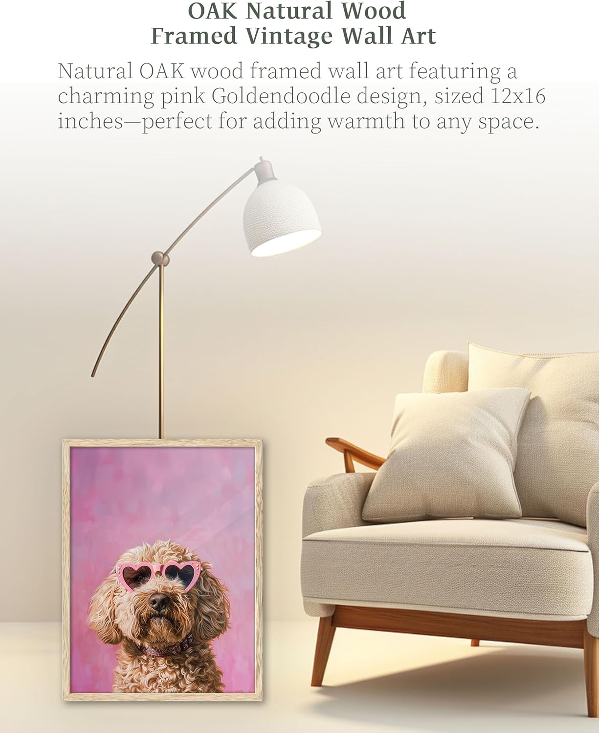 iHery Natural OAK Wood Pink Goldendoodle Dog Framed Wall Art, 12x16 in Funky Preppy Heart-Shaped Glasses Canvas Wall Art Decor For Bedroom, Cute Dog Prints Apartment Bathroom Living Room Set of 1