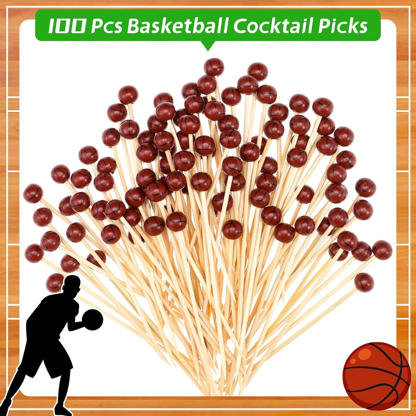 100Pcs Basketball Cocktail Picks 4.7 Inch Decorative Sports Ball End Toothpicks for Appetizers Bamboo Cocktail Sticks Skewers for Drinks, Fruits, Desserts, Charcuterie(Basketball)