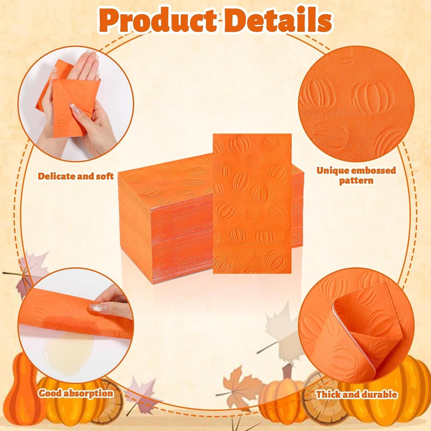 100 Pieces Thanksgiving Fall Pumpkin Napkins Disposable Paper Decorative Guest Party Napkins 7.8 x 4.3 Inch Autumn Harvest Orange Pumpkin Hand Towels for Fall Thanksgiving Dinner Party Decor