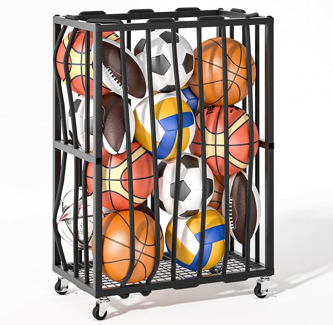 Ball Sports Organizer Storage Cart, Garage Metal Rolling Bin by Cakokow
