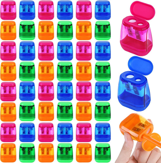 Aodaer 48 Pieces Manual Pencil Sharpeners Dual Hole Compact Sharpener with Lid for Kids Pencil Sharpener in School, Office, Home Mixed 4 Colors