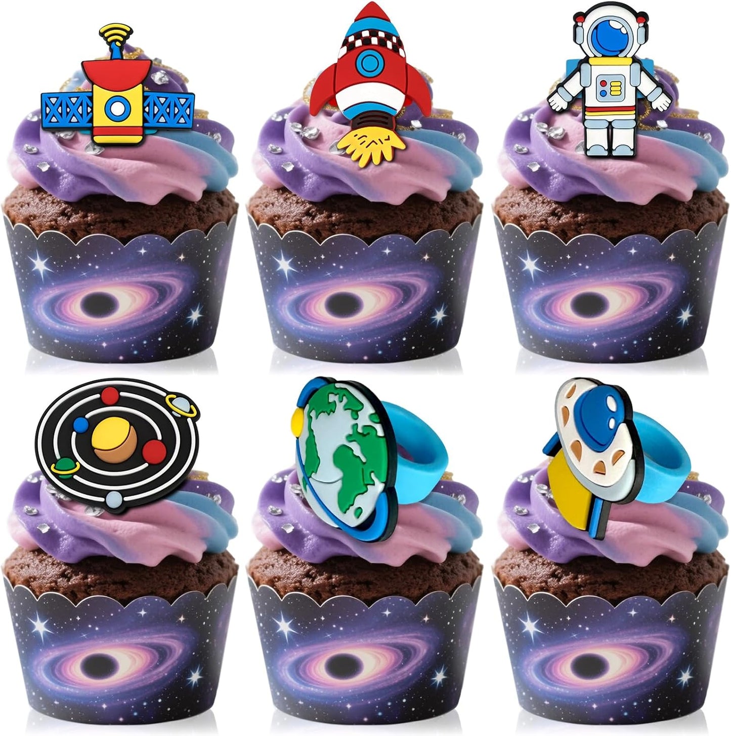 24PCS Space Astronaut Cupcake Ring Toppers Planet Rocket Spaceship Trip to the Moon Cupcake Picks Space Themed Party Cake Decorations for Baby Shower Birthday Party Supplies