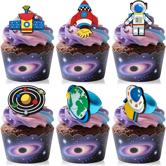 24PCS Space Astronaut Cupcake Ring Toppers Planet Rocket Spaceship Trip to the Moon Cupcake Picks Space Themed Party Cake Decorations for Baby Shower Birthday Party Supplies