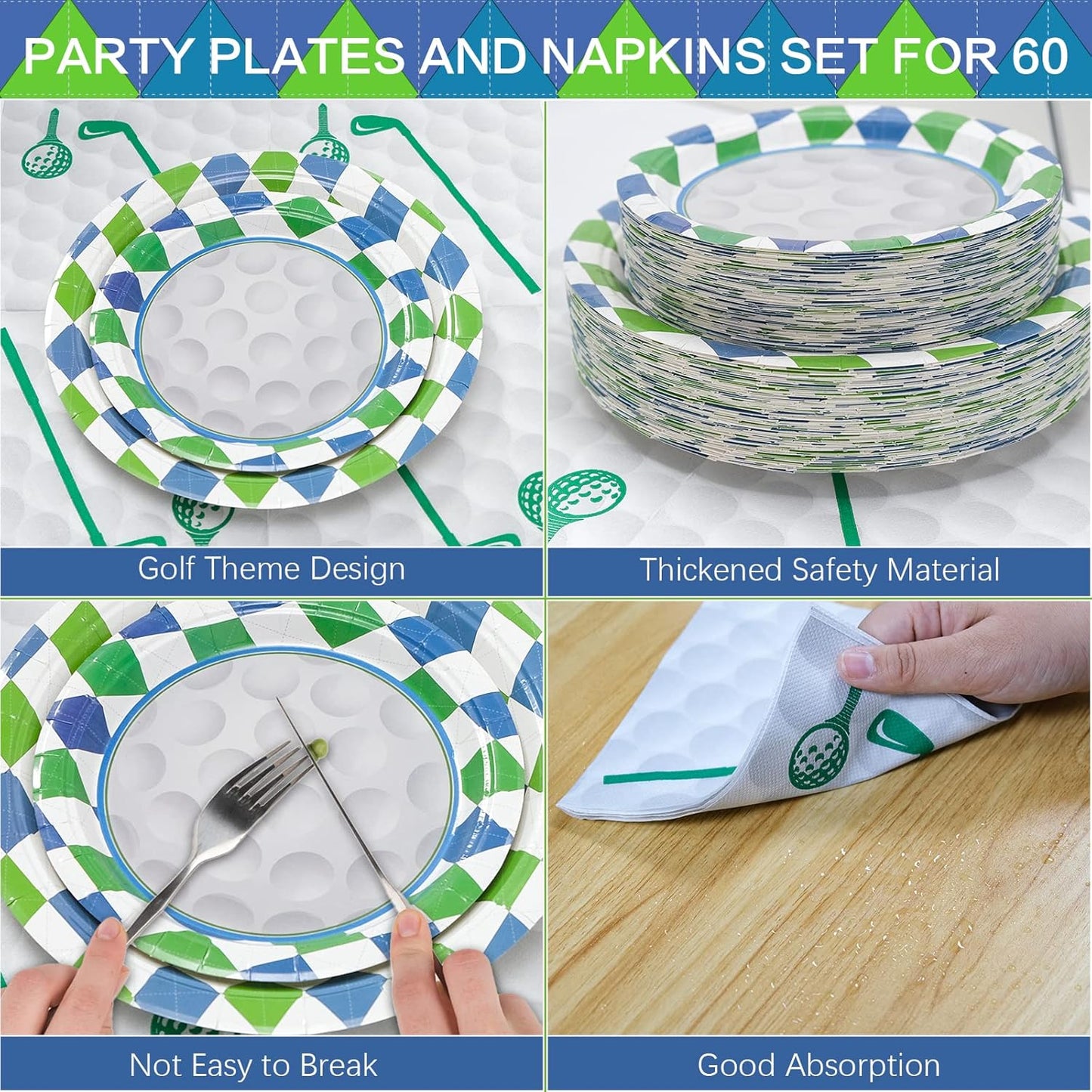 180Pcs Golf Party Supplies Paper Plates and Napkins Serve 60 Disposable Tableware Set for Birthday Party Decorations Game Day Family School Holiday Sports Events