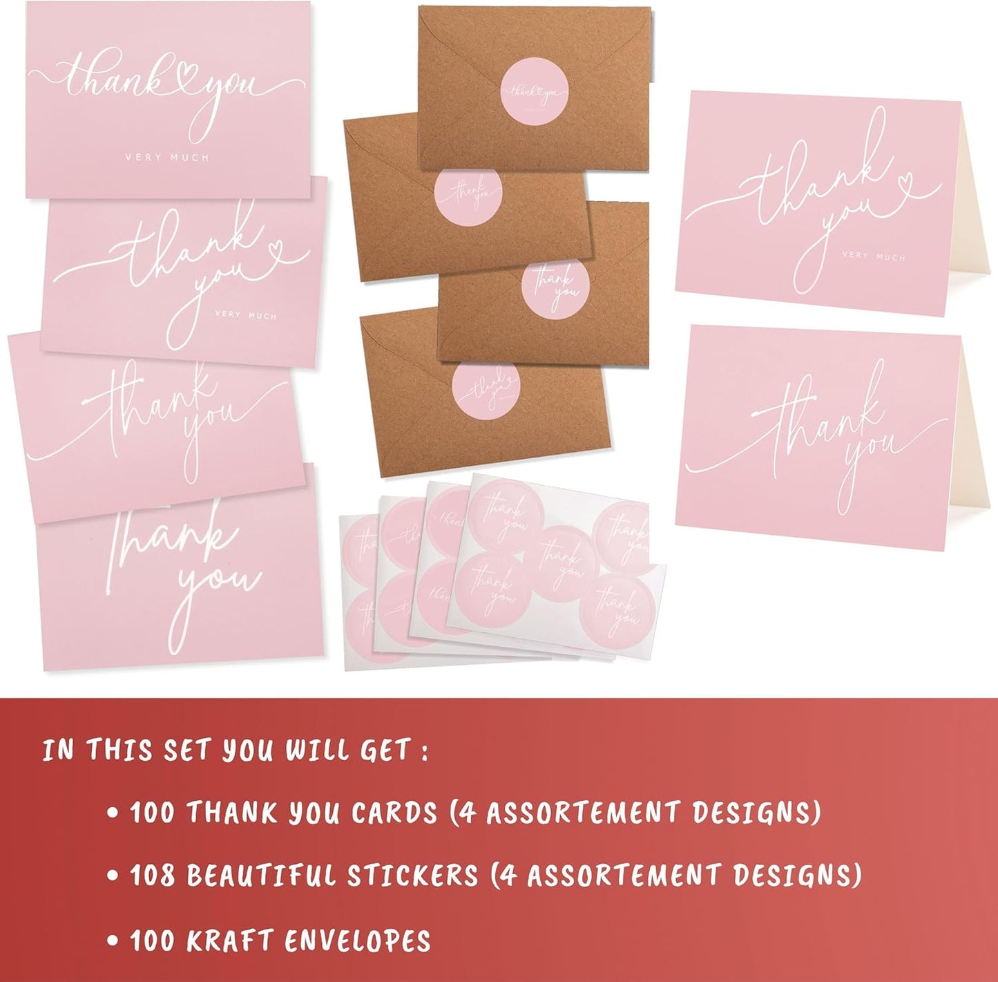 100 Bulk Pink Thank You Cards with Kraft Envelopes and stickers - 4 Minimalistic Designs Blank Thank You Notes with Envelopes for business Wedding Bridal Gift Baby Shower Business Graduation
