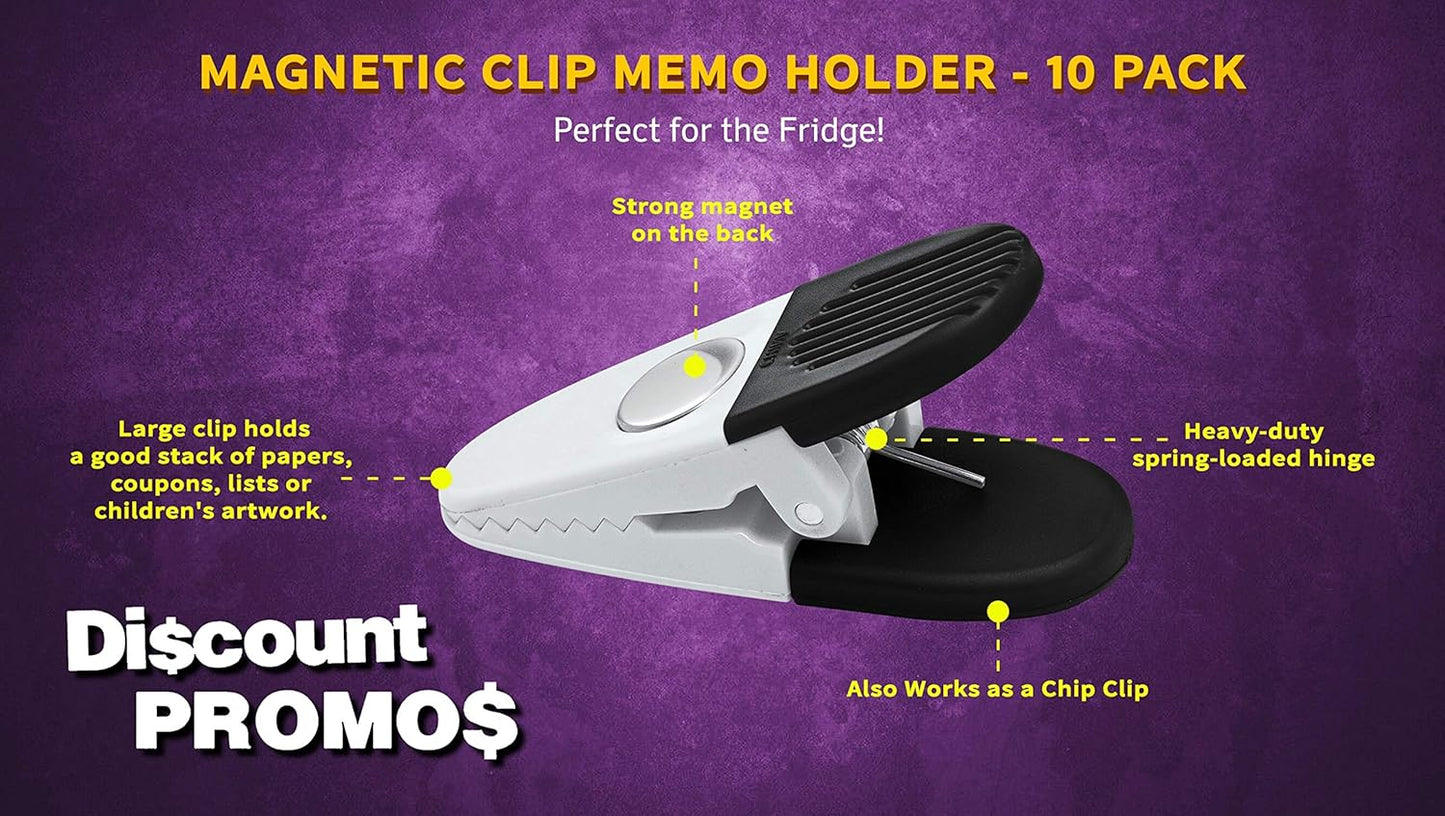 10 Magnetic Memo Holders Set - Customizable Text, Logo - Large Clip, Plastic - White Black