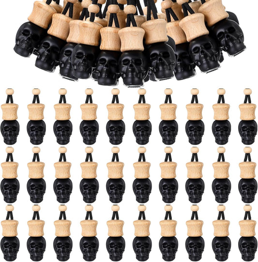 BBTO 50 Pcs Hanging Car Air Freshener Black Car Diffuser Bottles Empty Glass Perfume Bottle Freshener Diffuser Bottle Pendant for Essential Oil Fragrance Aromatherapy Bottle Ornament (Skull Head)