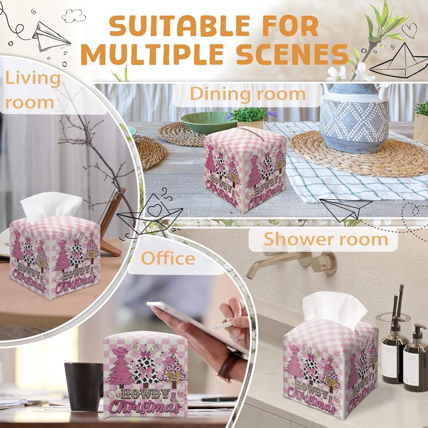 Howdy Christmas Tissue Box Holder, Pink Checkered Cowgirl Western Christmas Trees Leather Tissue Box Cover Square, Paper Facial Decorative Tissues Cover for Bathroom Office Home Decor-B07