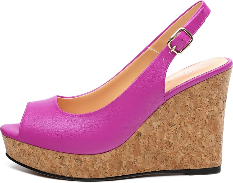 Womens Peep Toe Wedge Heels Matte Fashion Cork Slingback Pumps Platform Wedge - Image 2