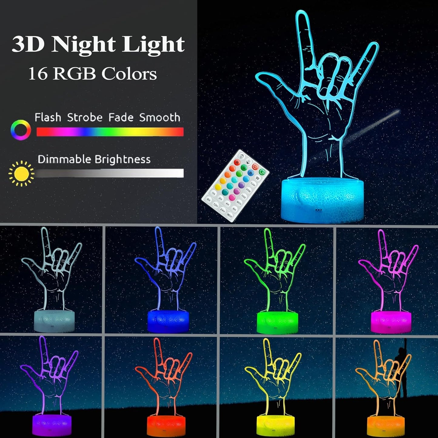 I Love You Night Light, Loving You Hand Sign, Lover 3D Illusion Lamp with 16 Colors Changing, Timer, 4 Flash Modes and Dimmable, Men Women Boys Girls Room Decoration, Holiday Xmas Gifts