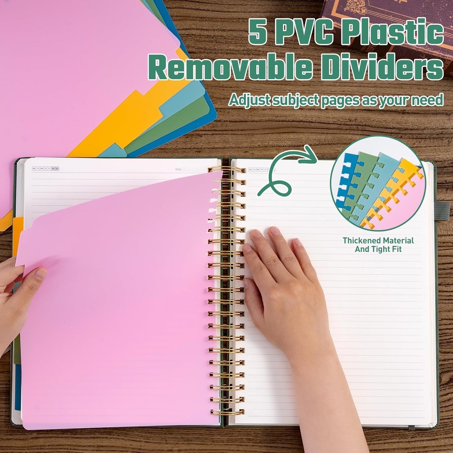 Hardcover Spiral Notebook 8.5" x 11" with 5 Removable Dividers 300 Pages Leather 5 Subject Notebook College Ruled 100GSM Large Spiral Notebooks for Work Thick Lined Journal for Women, Green