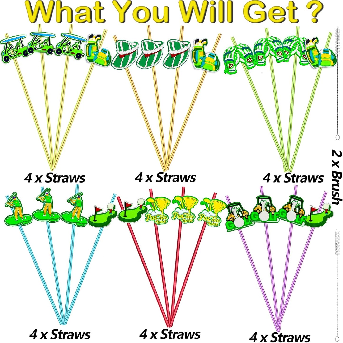 24pcs Golf Themed Straight Reusable Straws for Golf Party Favor Gift Bags,Daily Drinking Straws,Birthday Party,Class Reunions,Sports Golf Party Supplies,With 2 Cleaning Brushes.(6color)