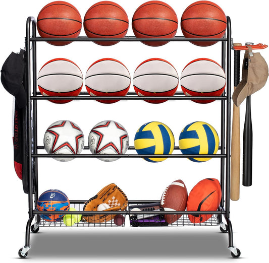 Basketball Rack, Rolling Basketball Shooting Training Stand,Sports Equipment Storage with Wheels, Four-Layer Organizer Holder with Two Basket for Basketballs Footballs Volleyball