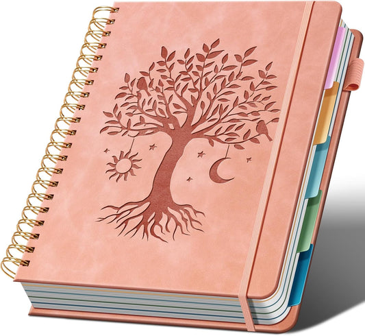 Hardcover Spiral Notebook 8.5" x 11" with 5 Removable Dividers 300 Pages Leather 5 Subject Notebook College Ruled 100GSM Large Spiral Notebooks for Work Thick Lined Journal for Women, Pink