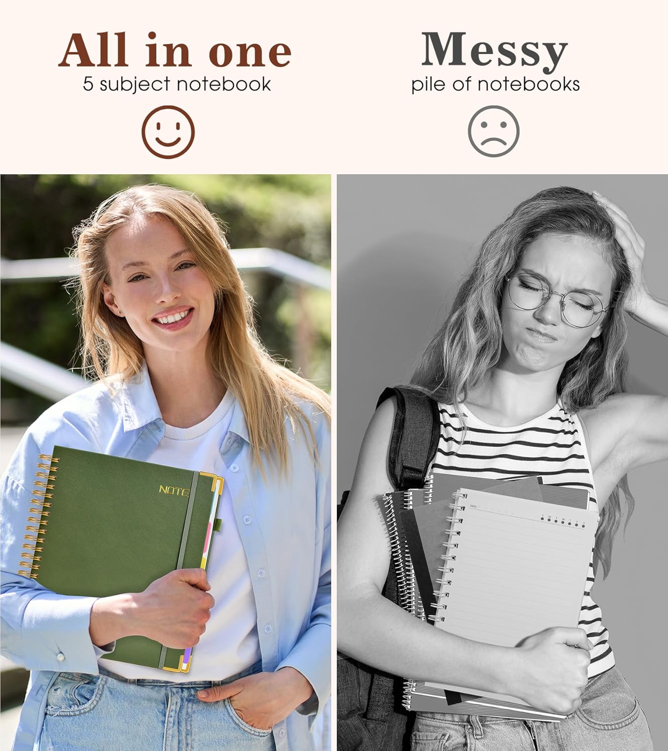 Hardcover Large Spiral Notebook 8.5" x 11" with Removable Dividers Tabs, 300 pages Leather 5 Subject Notebook College Ruled, A4 Journal for Women Men, Notebooks for Work School Note taking, Green