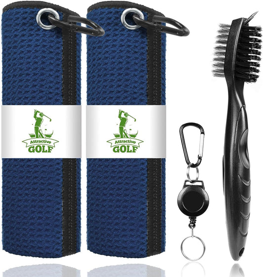 ATTRACTIVE Golf Towels, Microfiber Waffle Pattern Towels - Golf Club Brush with Cleaning (Navy Blue)