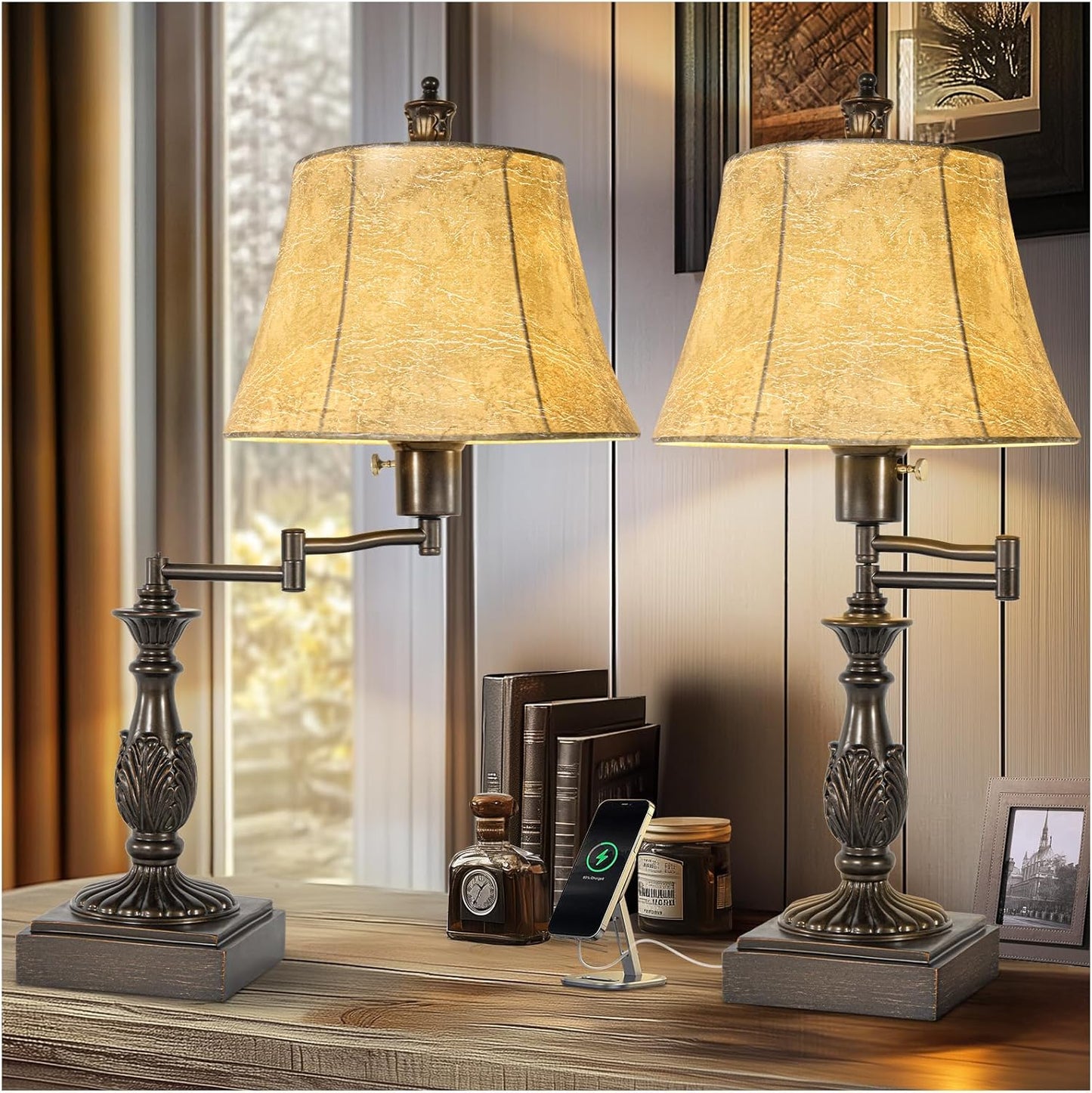 23.5" Rustic Traditional 350° Adjustable Swing Arm Table Lamp Set of 2 with USB A+C Ports Brown Finish Faux Leather Shade Vintage Nightstand lamp for Living Room Bedroom Office (Bulb Included)