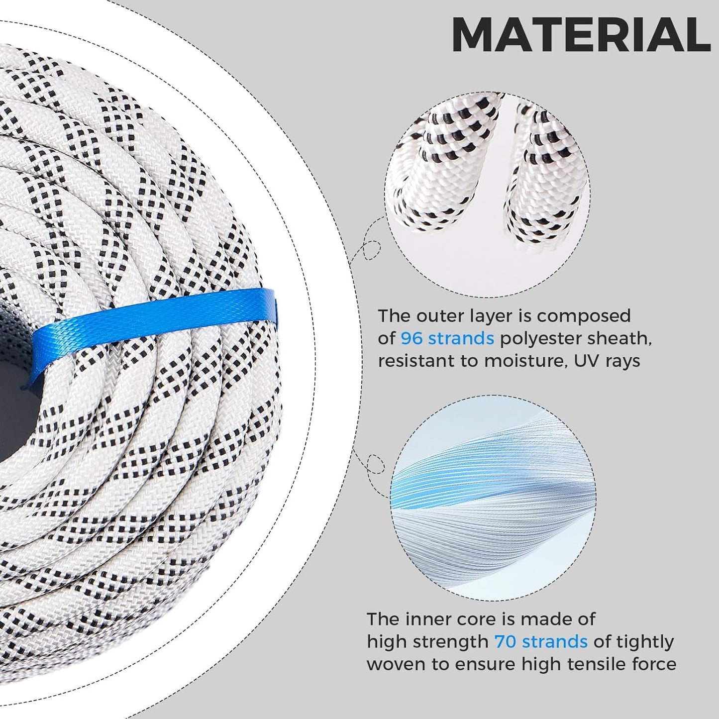 1/2 Inch 50ft Double Braided Polyester Arborist Rope, Heavy Duty Nylon Rope for Anchor, Tree Work, Cargo, Pulling, Sailing(White)