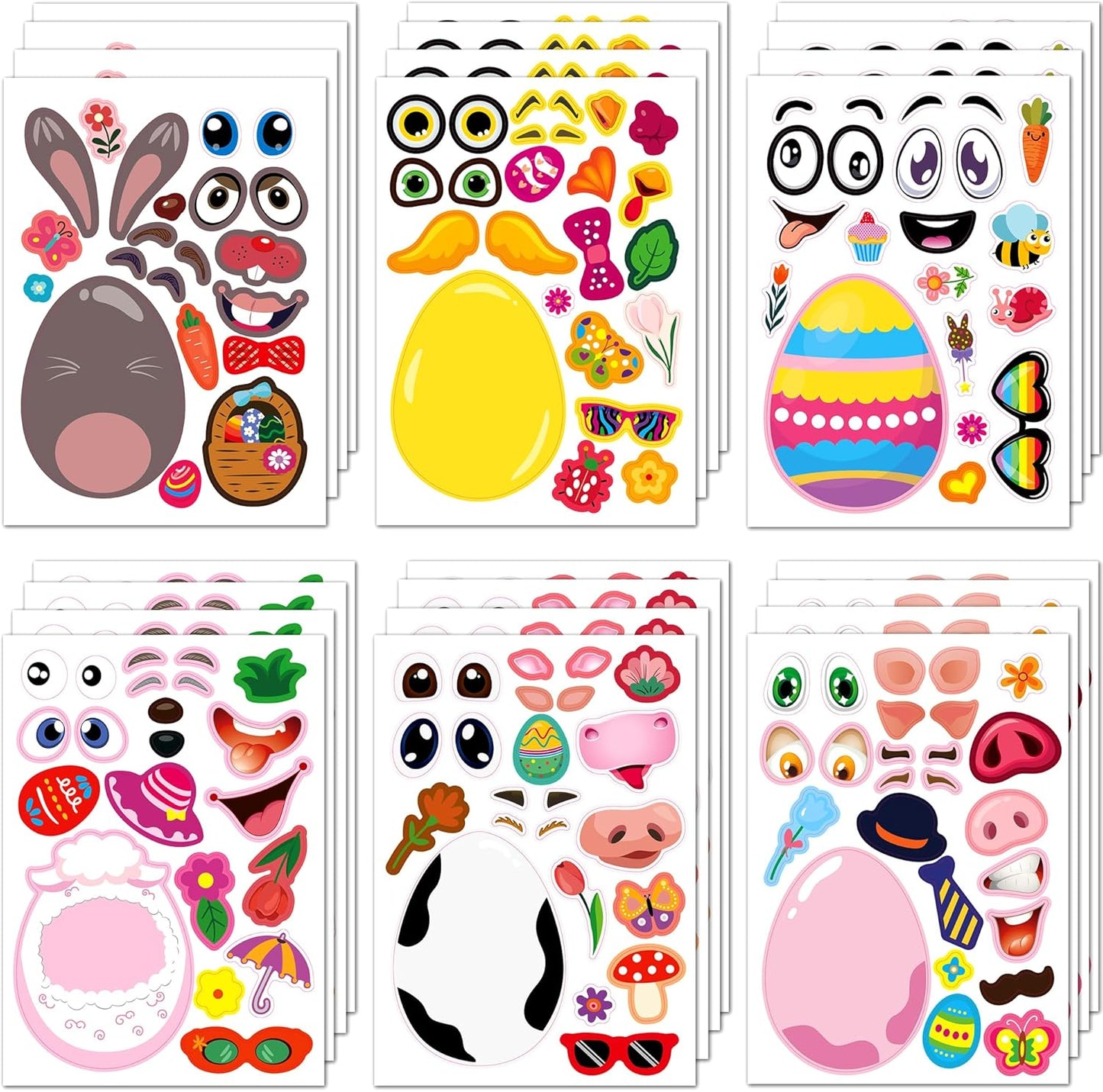 24 Sheets Easter Stickers for Kids Toddlers, Easter Basket Stuffers, Make A Face Stickers Crafts with Eggs Themed, Kids Party Favor Supplies Decorations Activities Gifts for Girls Boys