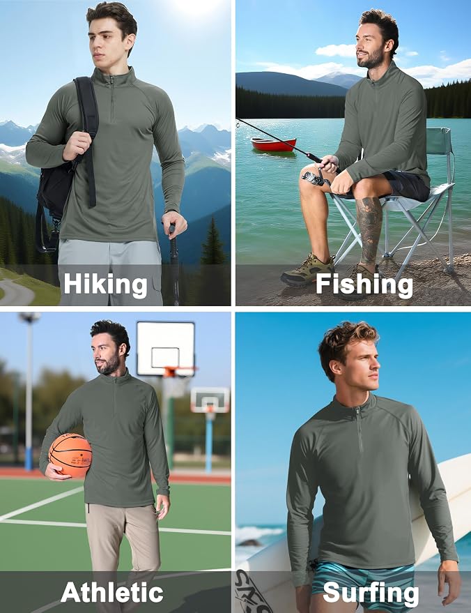 CRYSULLY Men's Long Sleeve 1/4 Zip Shirts Sun Protection Pullover UPF 50+ Rash - Image 2