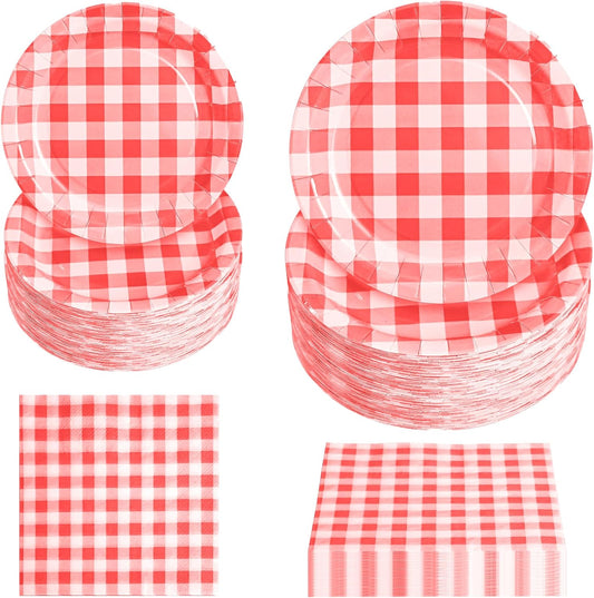 180Pcs Red Gingham Party Supplies Paper Plates and Napkins Serve 60 Disposable Tableware Set for Birthday Party Decorations Game Day Family School Holiday Sports Events