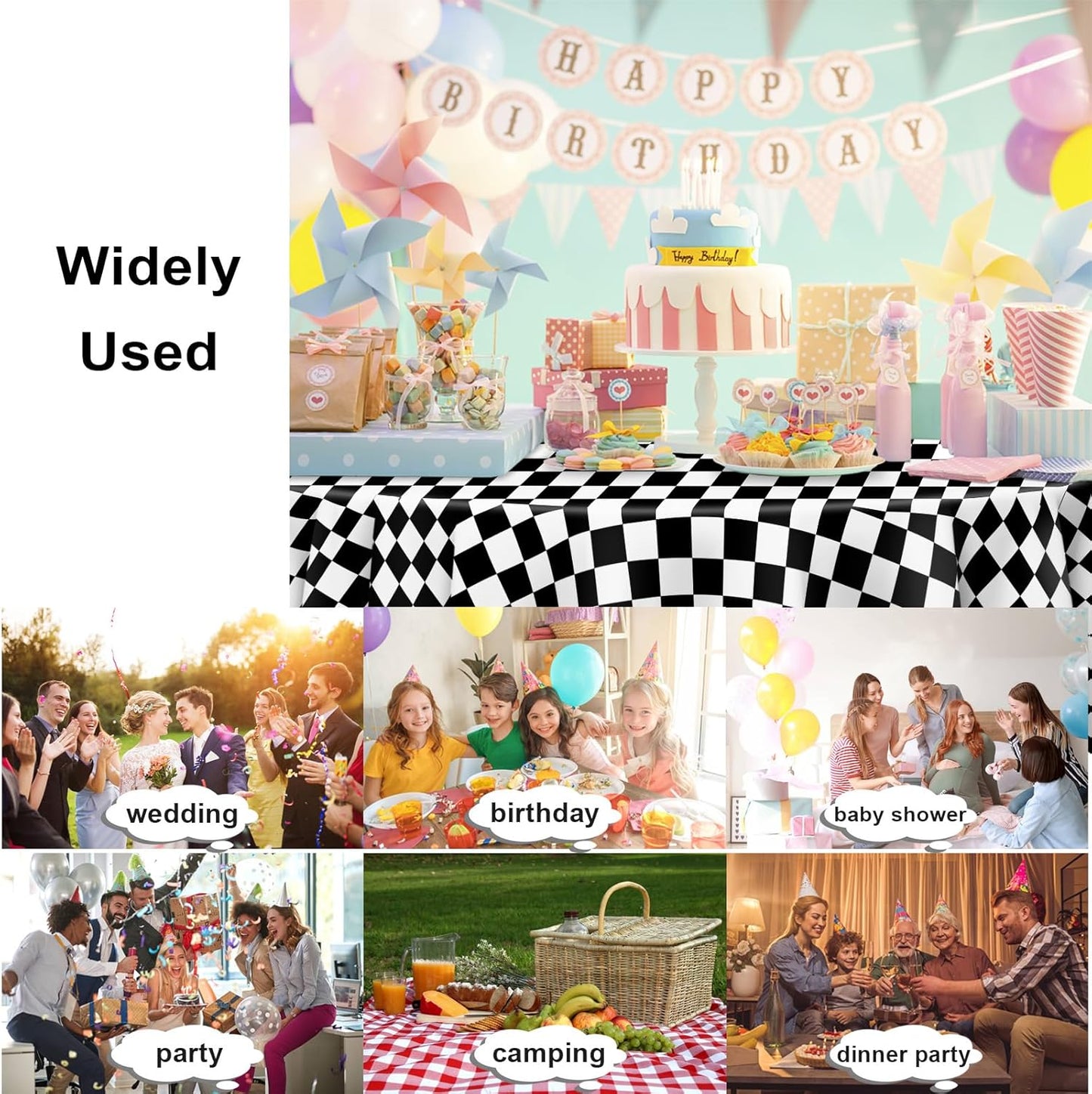 12 Pack Black and White Checkered Tablecloth, Round Black Checkered Flag Plastic Table Cloths for Parties Disposable, 84x84 in Waterproof Race Car Tablecloth for Birthday Party Halloween Picnic School