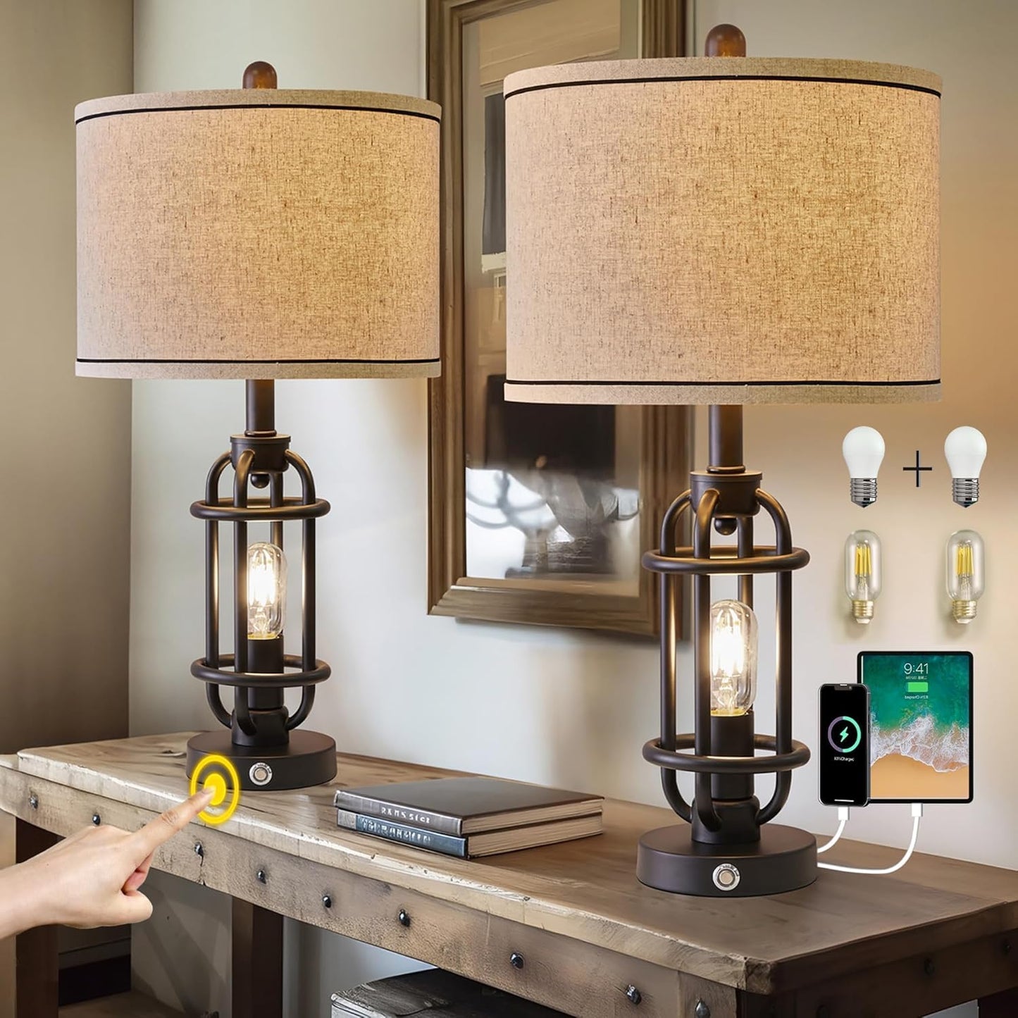 23.75'' Industrial Black Metal Table Lamps Living Room Lamp for Nightstand Bedroom lamps Set of 2 Bedside End Side Table Lamps Home Decor Touch Lamp Modern Lamps With USB Port, Bulbs Included