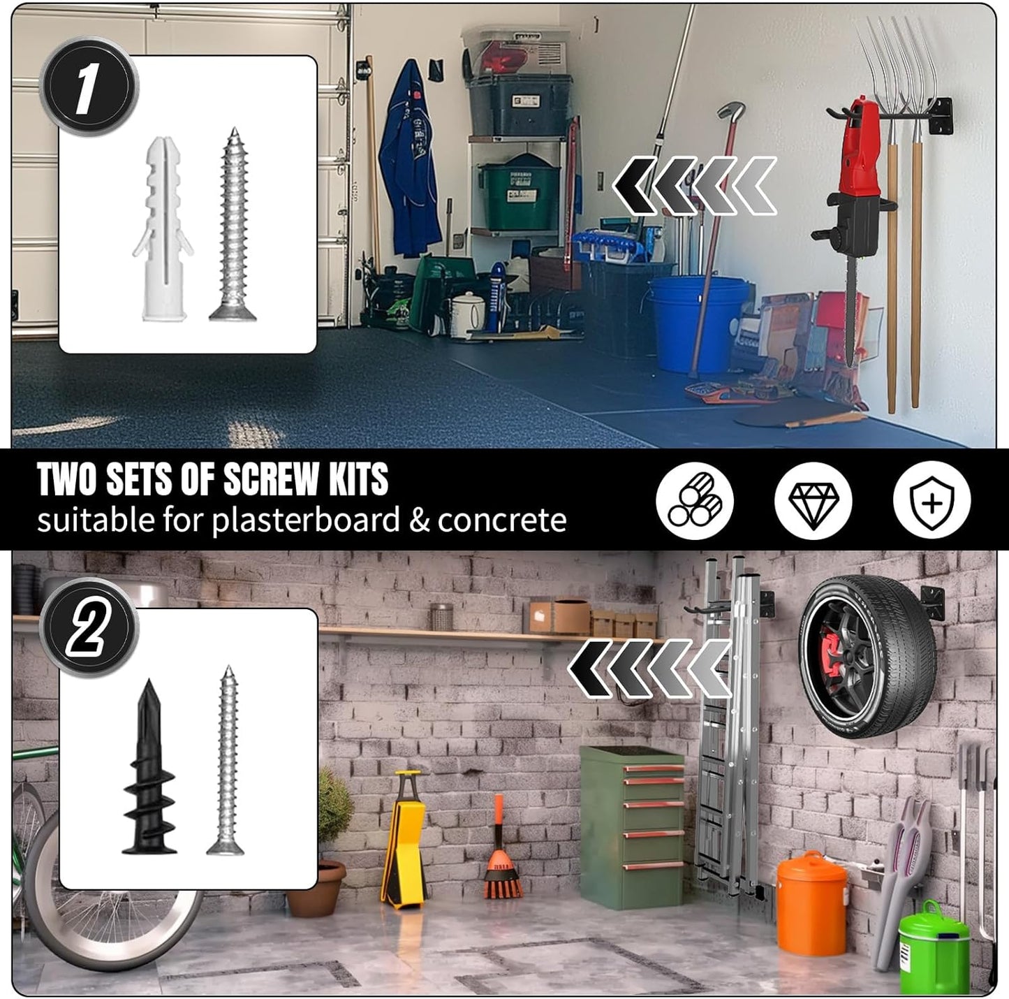 Heavy Duty Garage Hooks and Tool Organizer, Wall Mount Utility Storage Hangers for Car Tires, Ladders, Chairs, Garden Tools, Power Tools and More（2PC-12.4 Inches）
