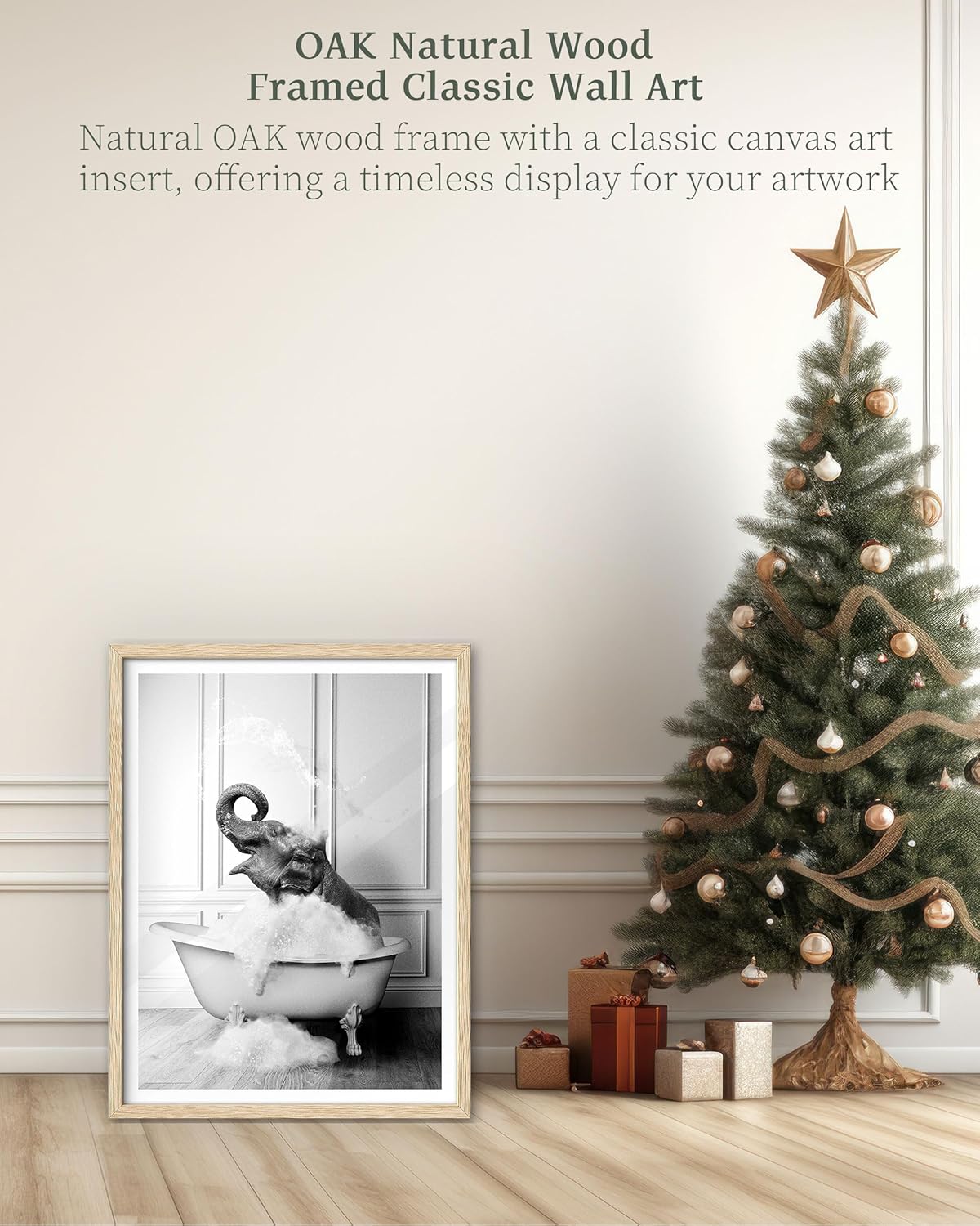 iHery Natural OAK Wood Framed Wall Art, 12x16 in Funny Bathroom Wall Art Decor, Elephant Bathing Animals Canvas Prints, Black and White Wall Decor Pictures For Bedroom Living Room Set of 1