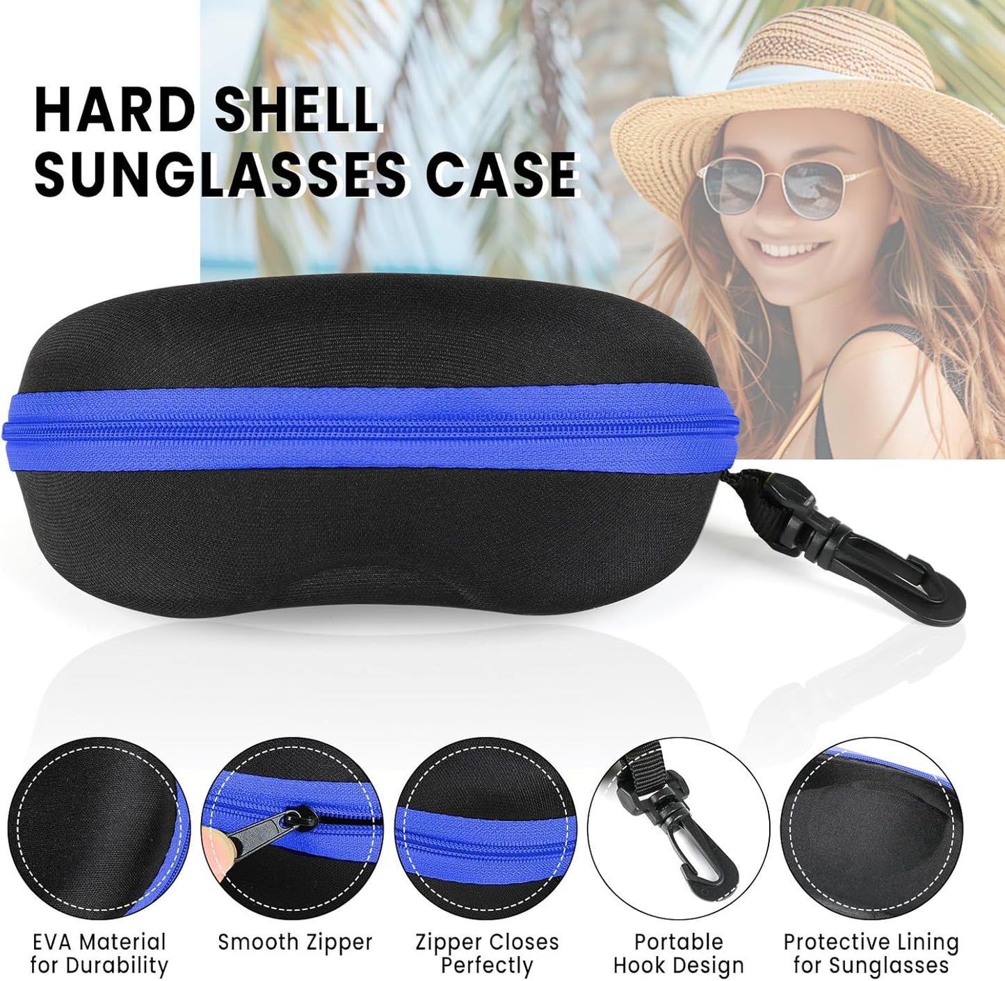 INNOLIFE Zipper Hard Shell Sunglasses Cases, Portable Travel Eyeglasses Cases with Plastic Hook for Men Women